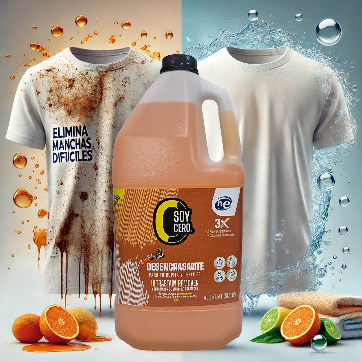 Desengrasante Cítrico para Ropa y Textiles, Removedor de Manchas Ultra Concentrado, 4L