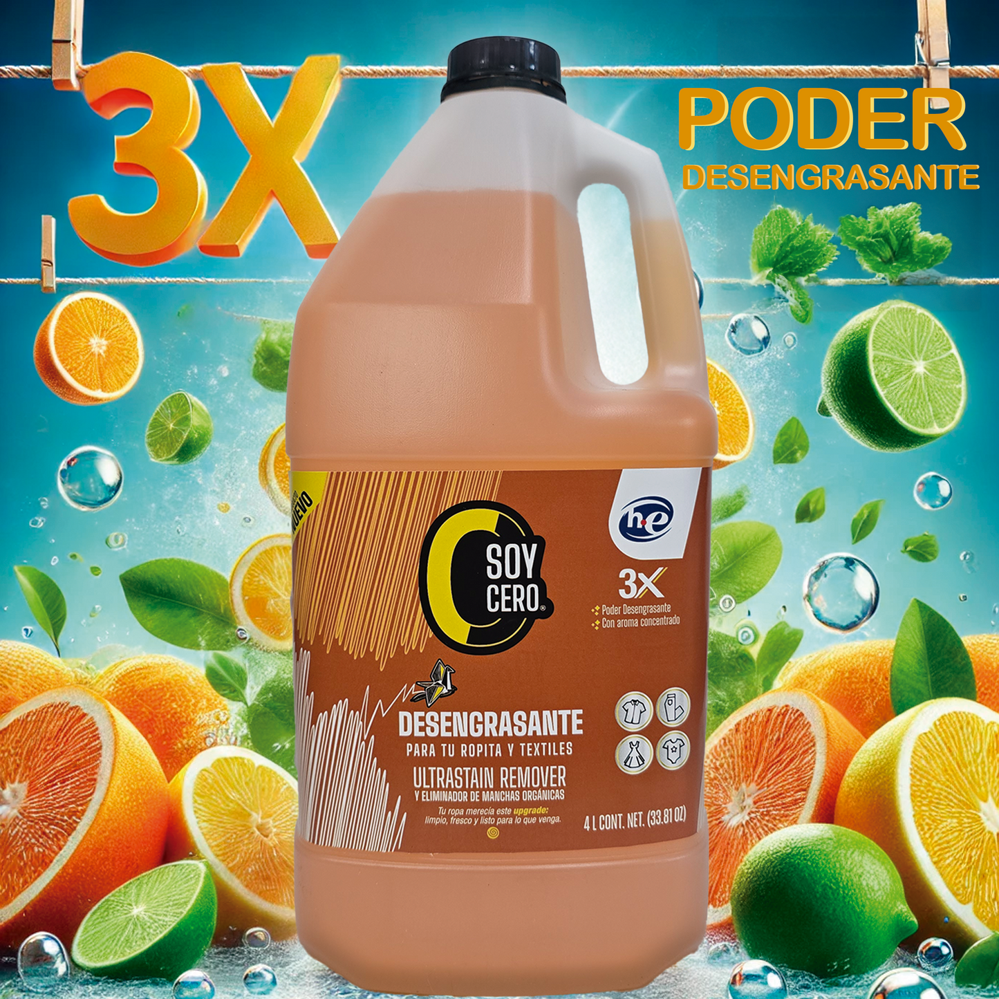 Desengrasante Cítrico para Ropa y Textiles, Removedor de Manchas Ultra Concentrado, 4L